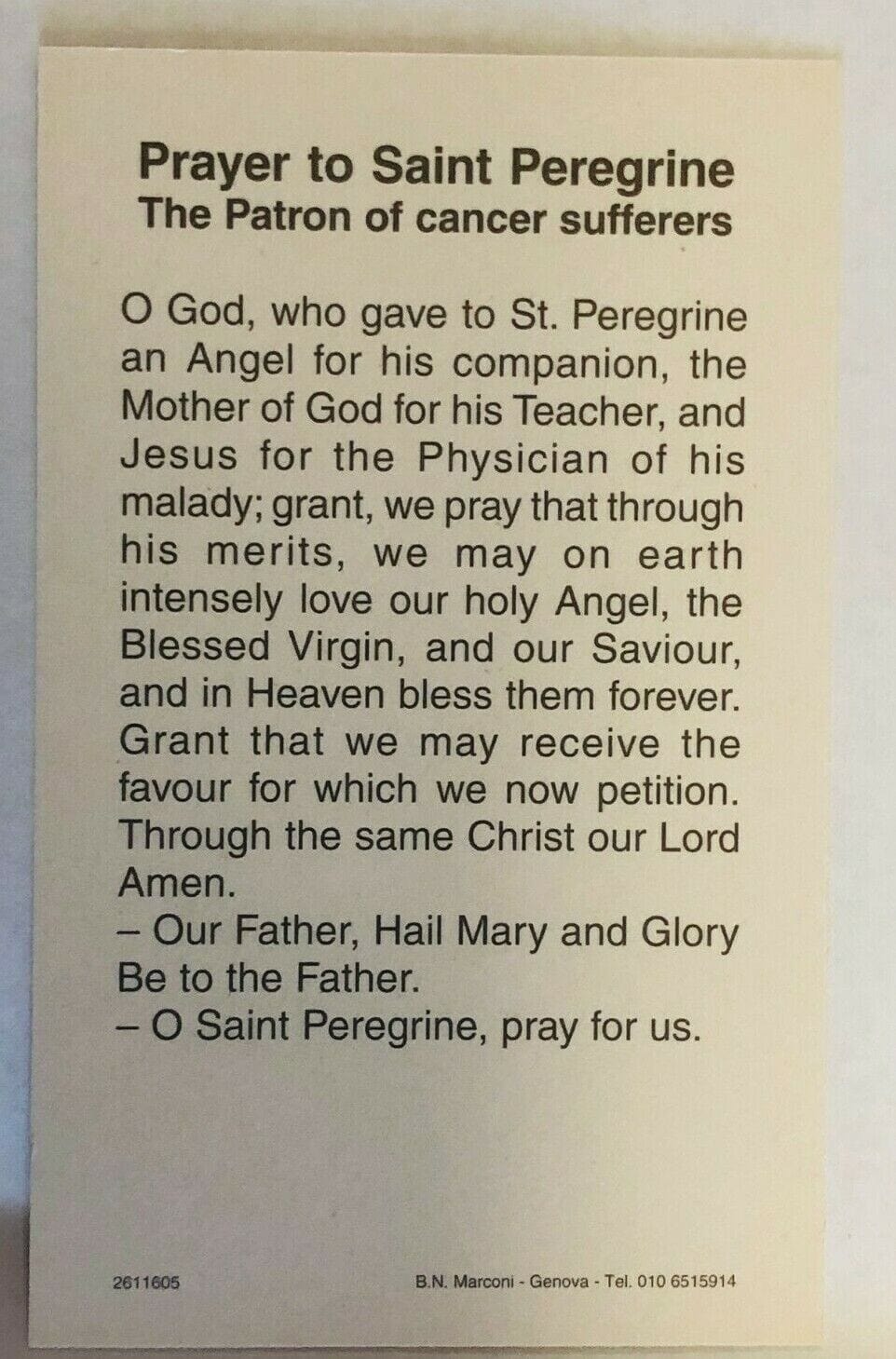 Saint Peregrine Laziosi (The Cancer Saint) Prayer Card, From Italy New 1 - Bob and Penny Lord