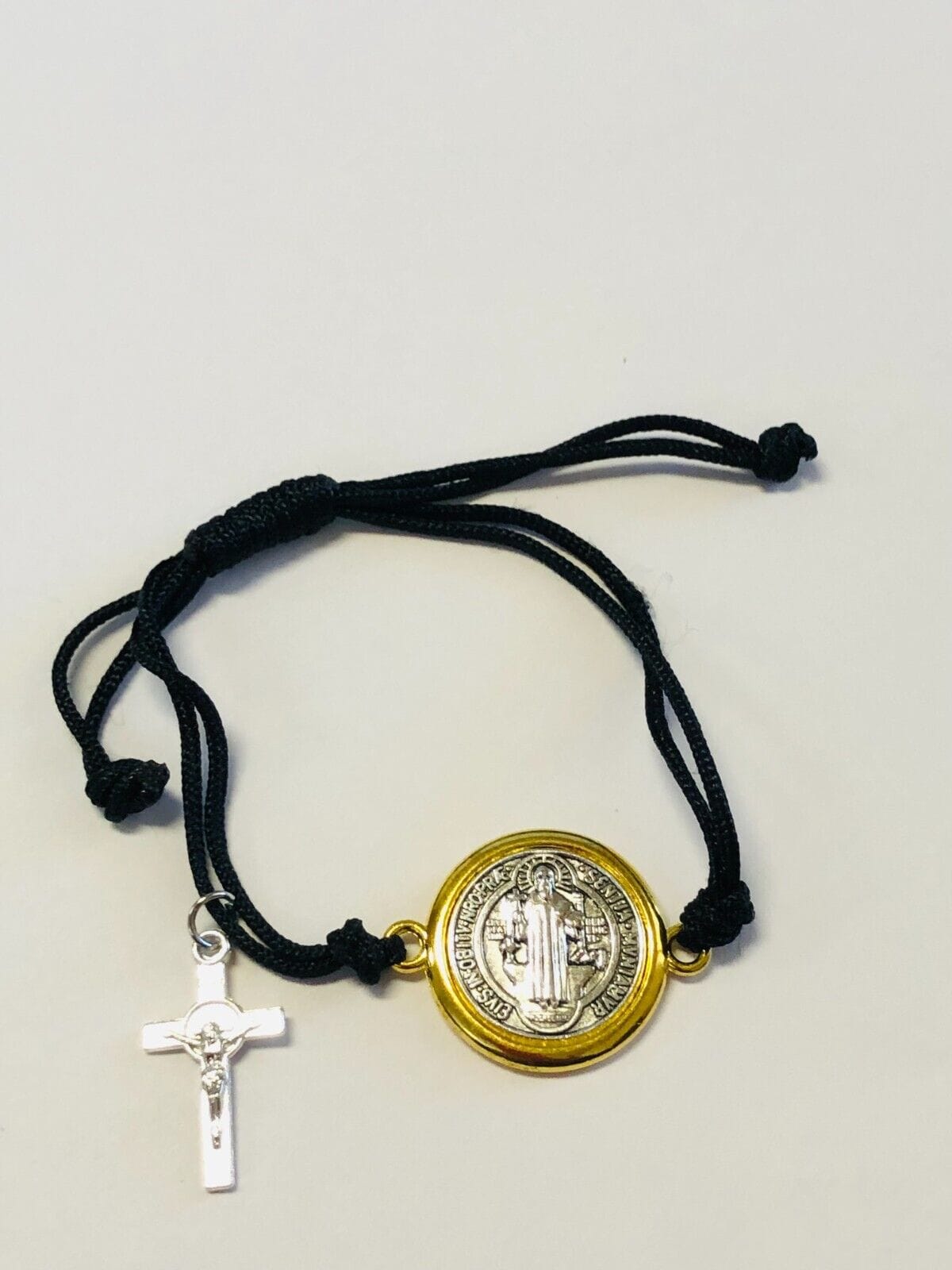 Saint Benedict 2 Tone Medal Rope Adjustable Bracelet 7.5", New - Bob and Penny Lord