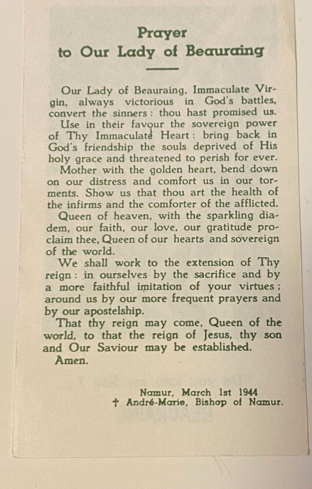 Our Lady of Beauraing Prayer Card, From Belgium, NEW - Bob and Penny Lord