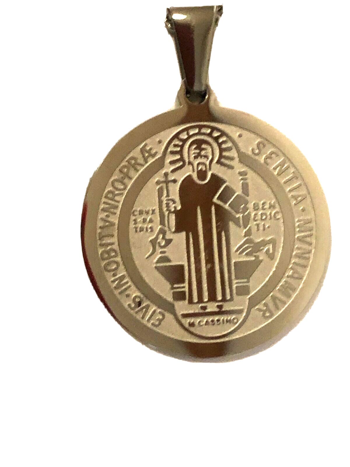Saint Benedict Laser Engraved Image Silver Pendant, New - Bob and Penny Lord