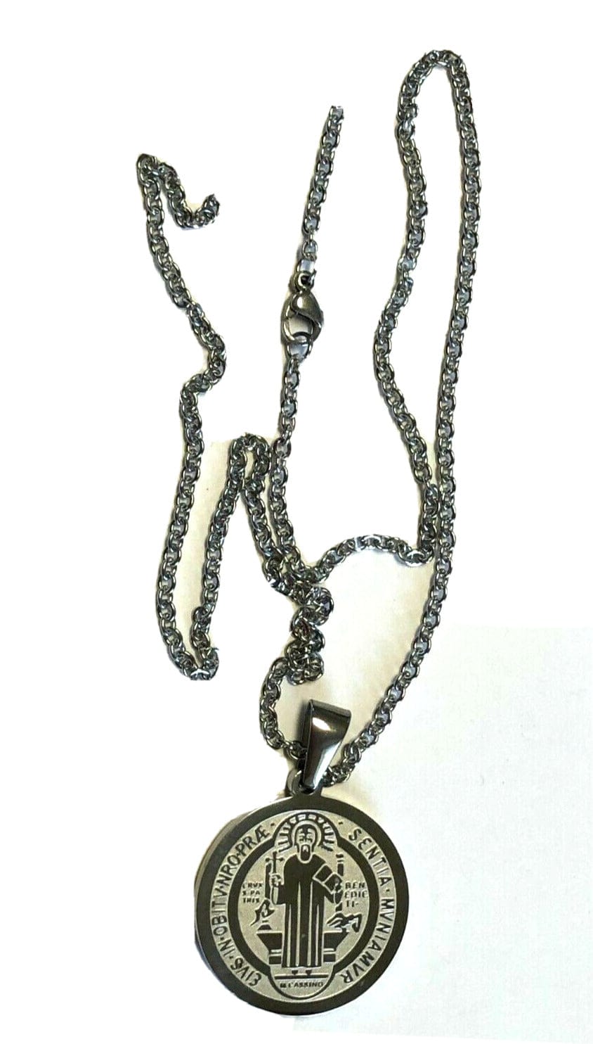 Saint Benedict Laser Engraved Image Silver Pendant, New - Bob and Penny Lord