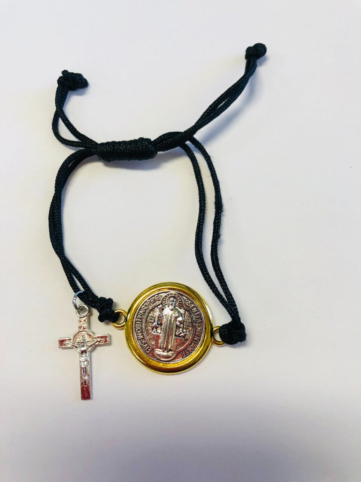 Saint Benedict 2 Tone Medal Rope Adjustable Bracelet 7.5", New - Bob and Penny Lord