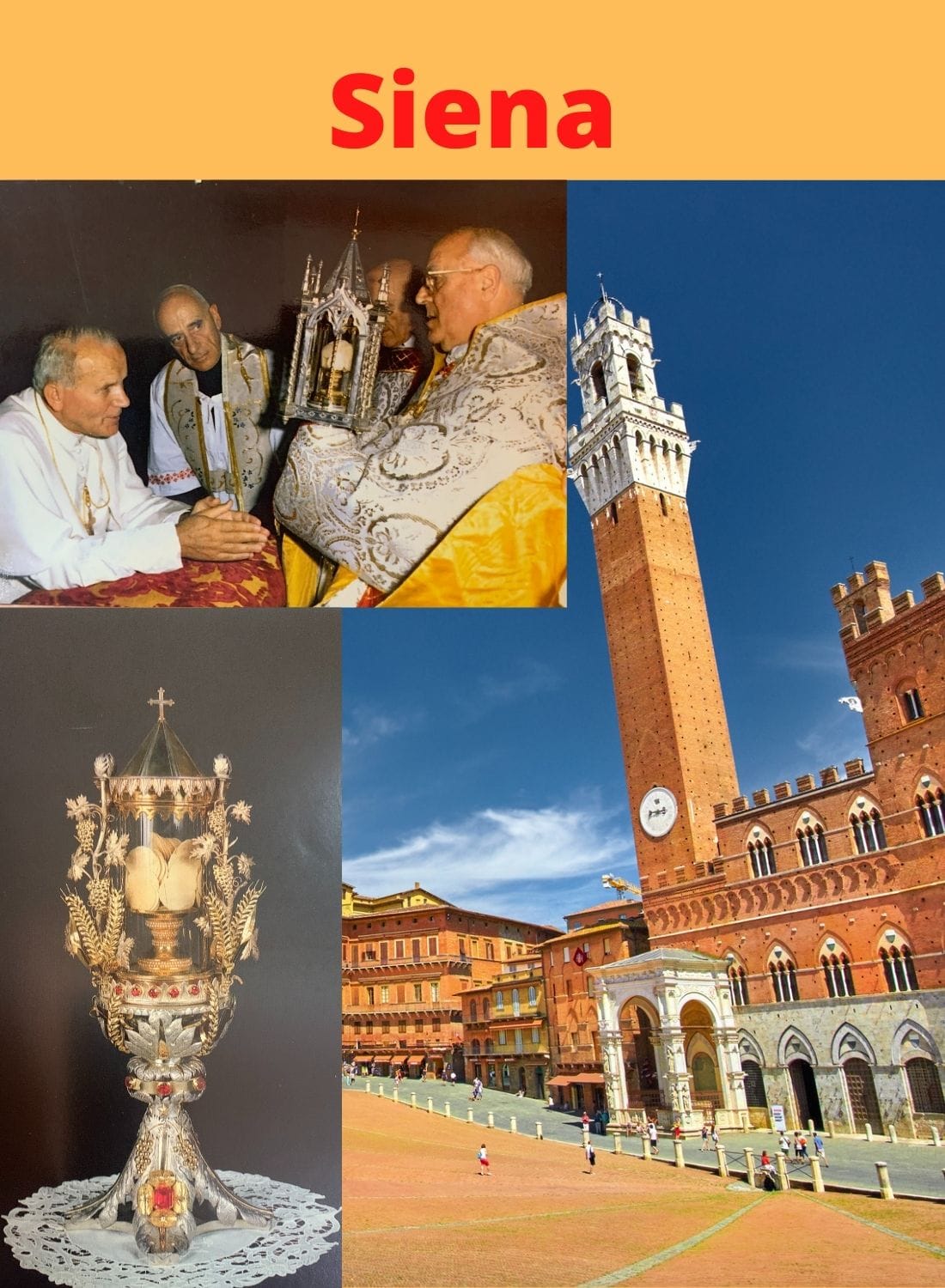 Audiobook cover image titled "Four Miracles of the Eucharist" by Bob and Penny Lord, featuring religious artwork of Siena.