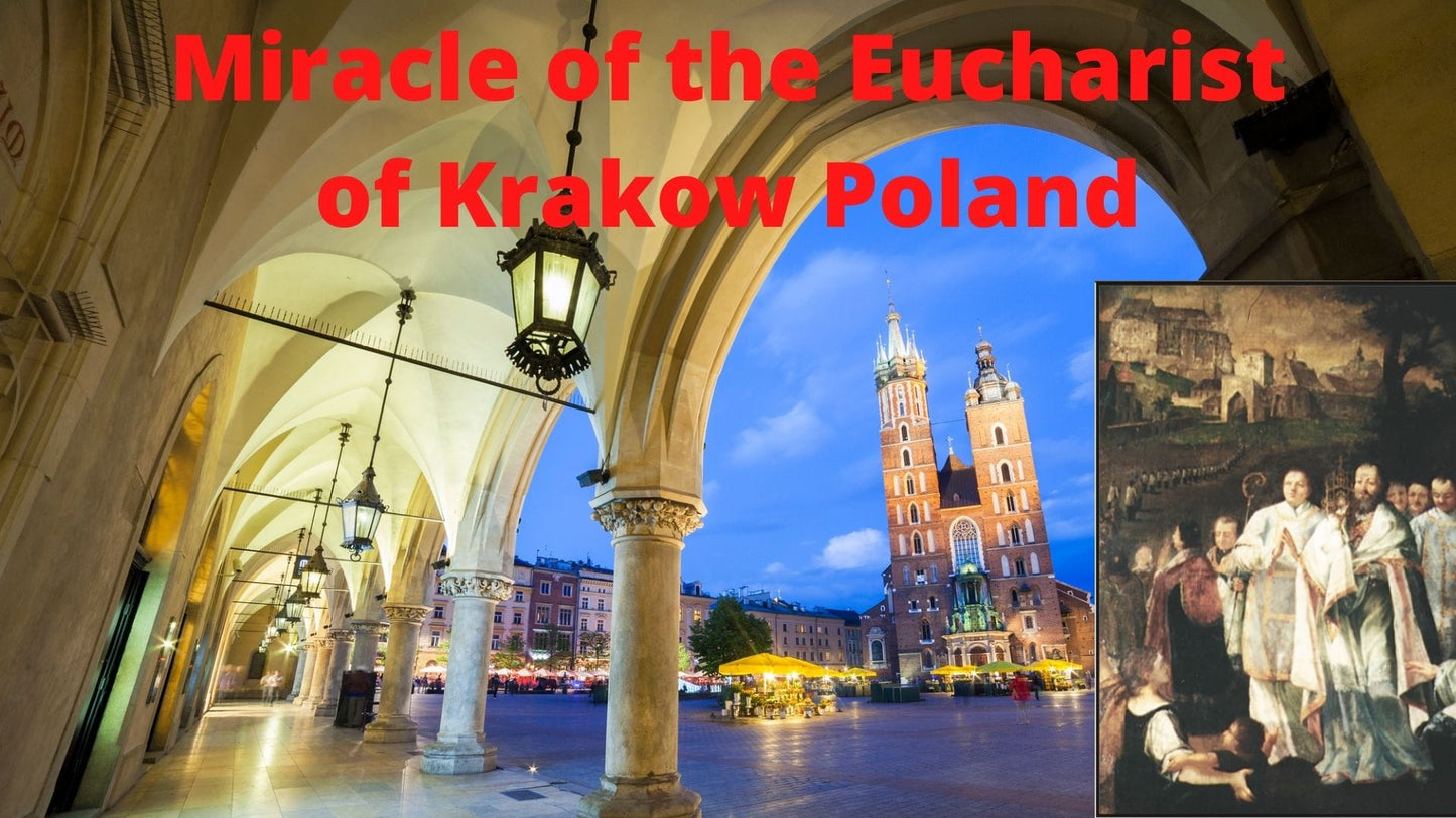 DVD of the Miracle of the Eucharist of Krakow by Bob and Penny Lord Ministry, showing a religious scene with ornate decorations.