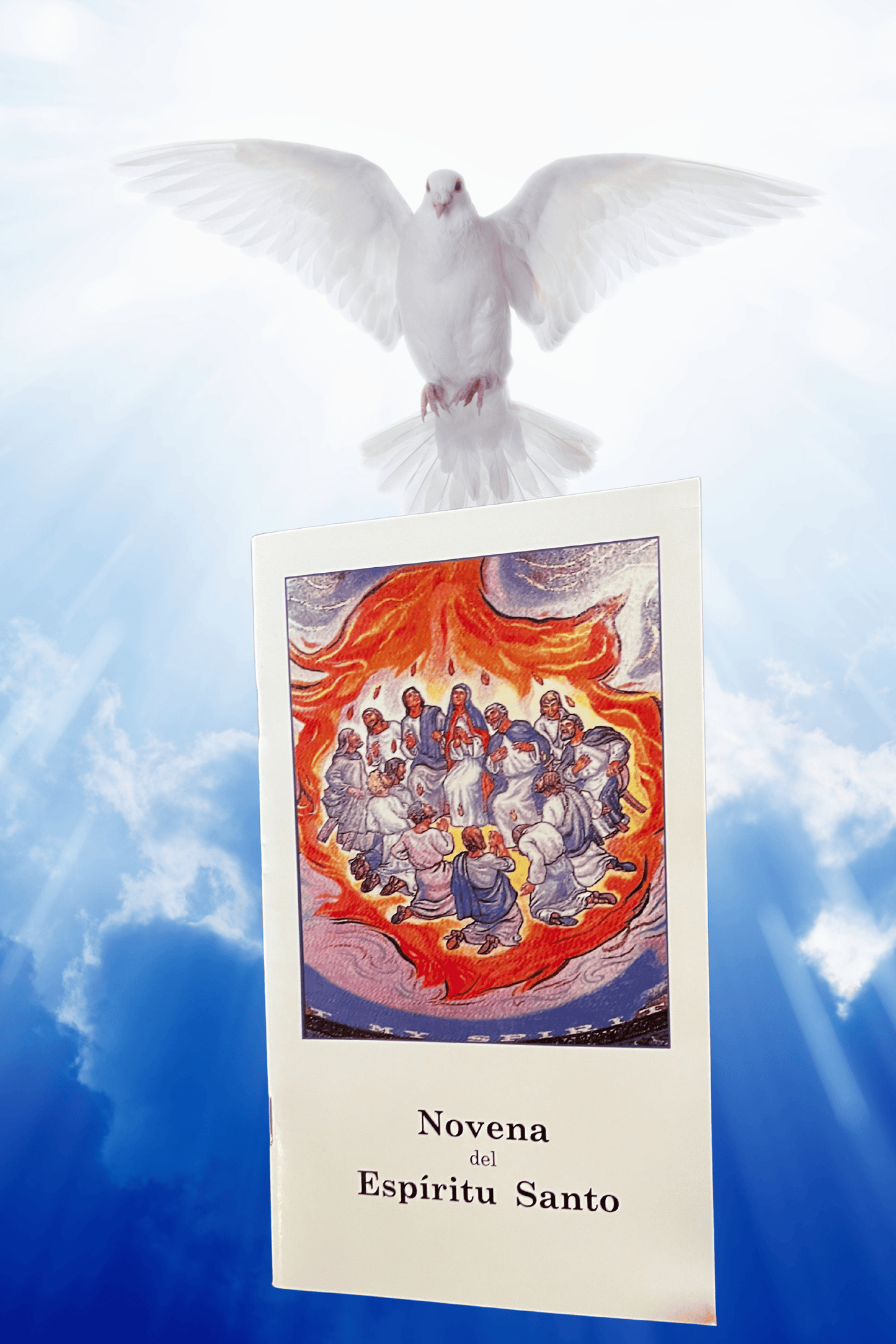 Novena to the Holy Spirit prayer card by Bob and Penny Lord, featuring Spanish text and religious imagery
