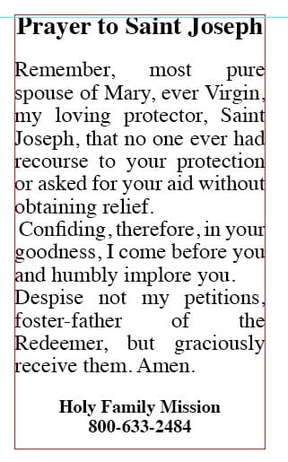Saint Joseph prayer card from Bob and Penny Lord Ministry, featuring religious imagery on the back side.