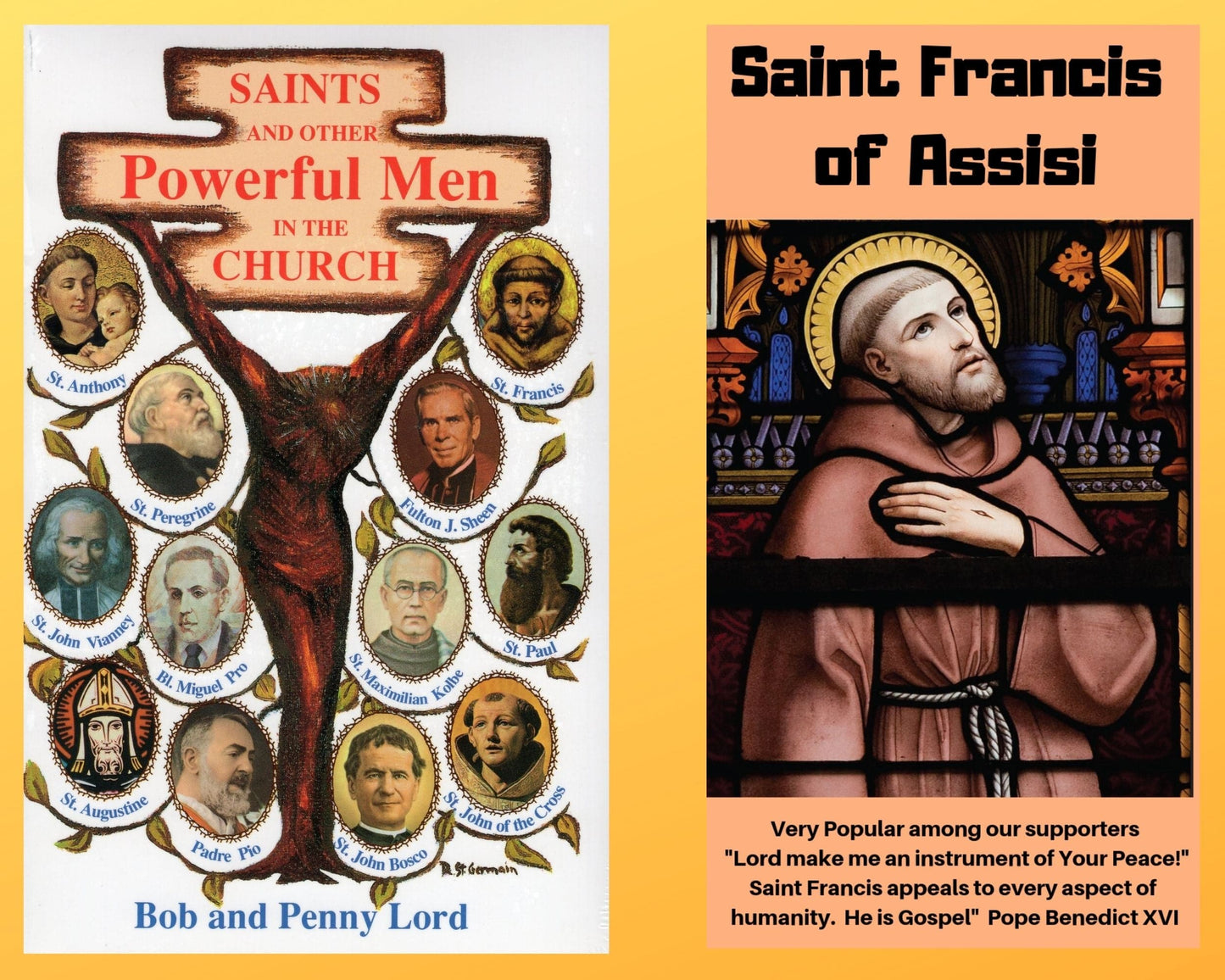 Book and DVD combo featuring Saints and Men by Bob and Penny Lord Ministry, with Saint Francis of Assisi on the DVD cover.