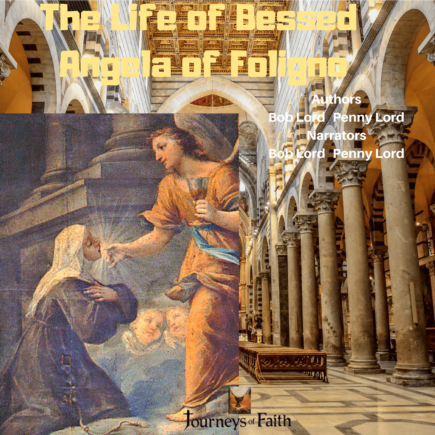 Audio CD titled The Life of Blessed Angela of Foligno by Bob and Penny Lord Ministry, featuring a cover image with religious artwork.