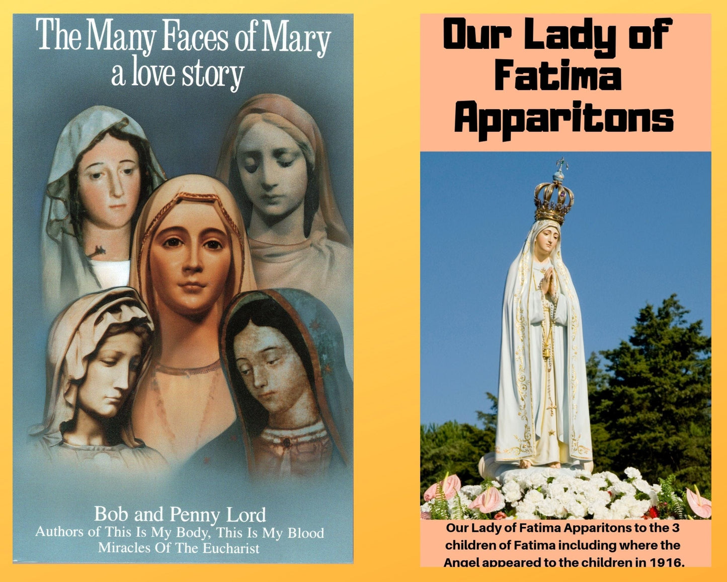 The Many First Aces of Mary book and Our Lady of Fatima DVD combo by Bob and Penny Lord Ministry, displayed on a plain background.