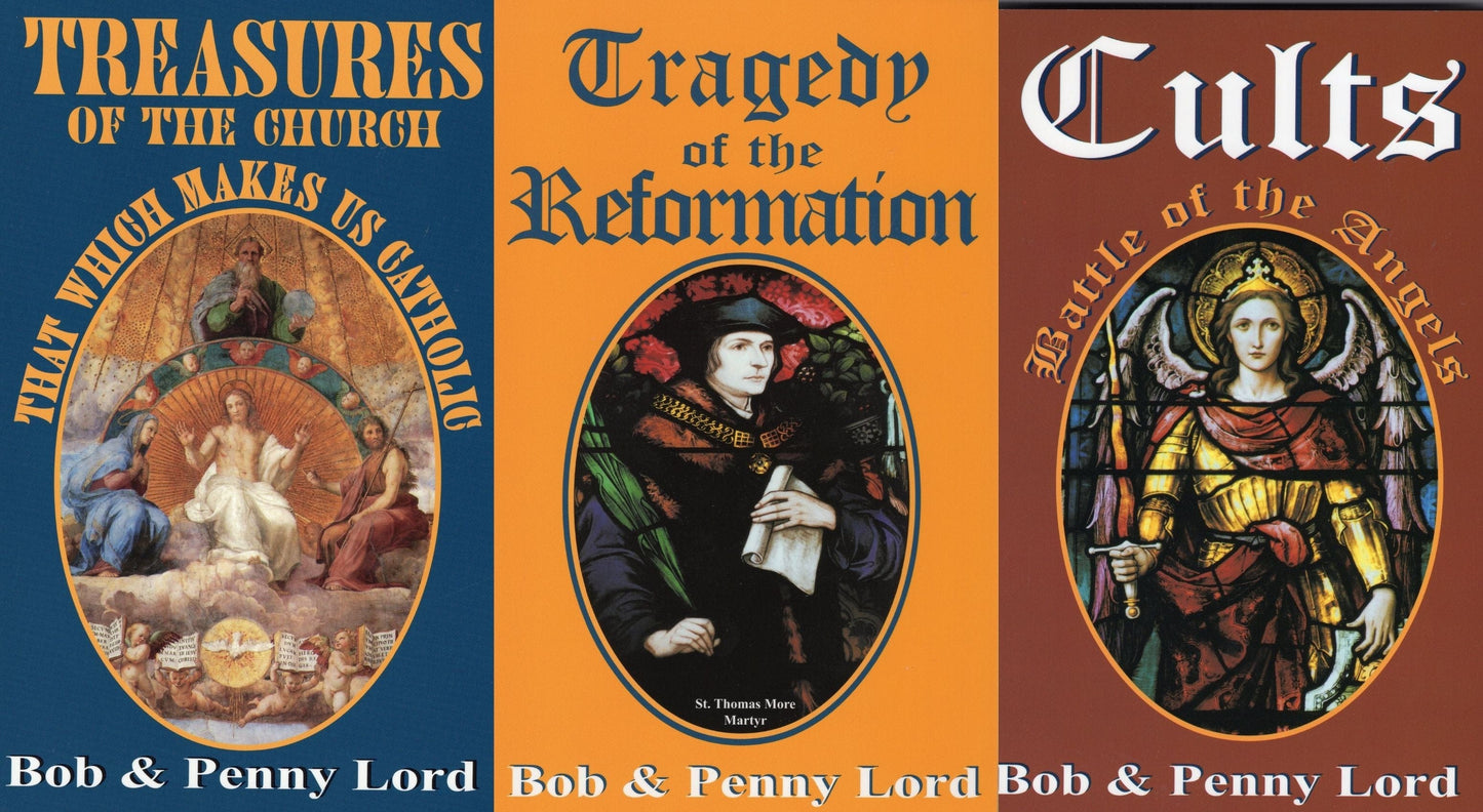 Three-book set of Treasures Tragedy Cults Trilogy by Bob and Penny Lord, featuring book covers in a colorful display.