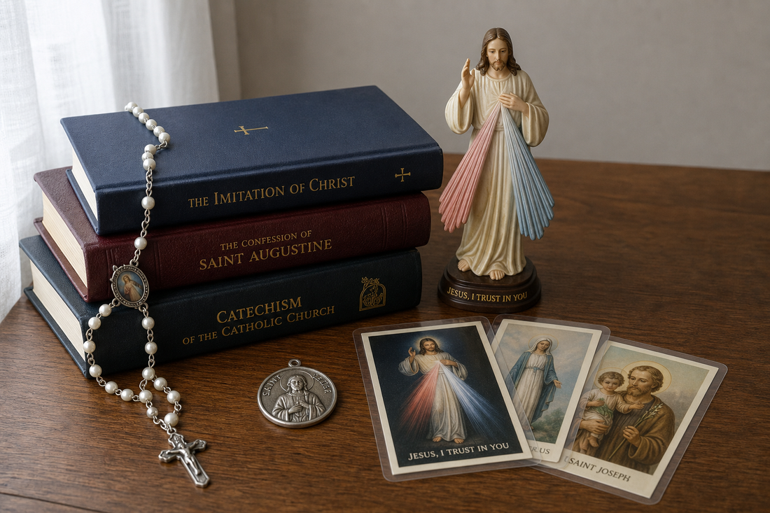 Catholic gifts including a rosary, medal, prayer cards, books, and a small statue on a table