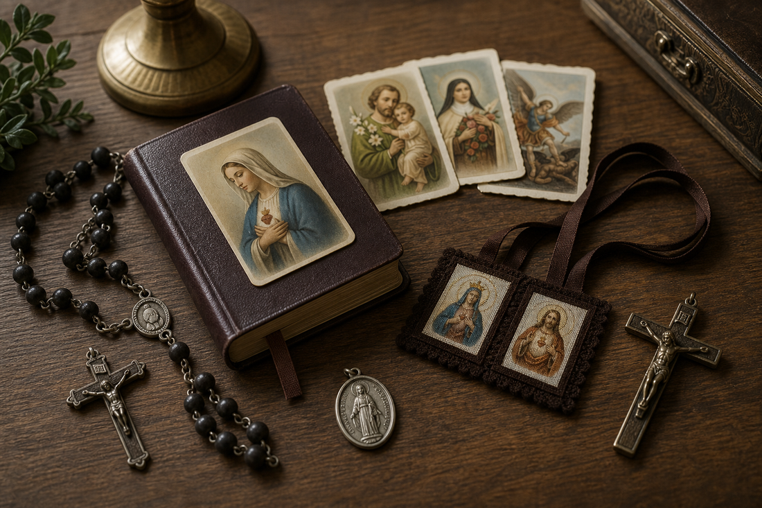 Rosary, prayer book, prayer cards, scapular, medal, and crucifix on a wooden table
