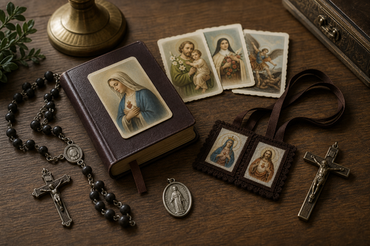Rosary, prayer book, prayer cards, scapular, medal, and crucifix on a wooden table