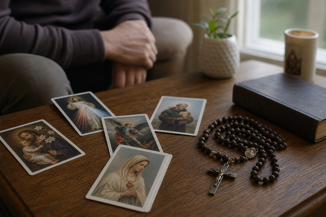 Catholic prayer cards on a wooden table beside a rosary in a quiet prayer setting