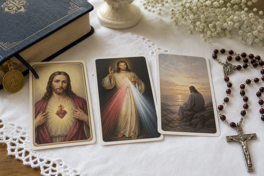 Three Catholic prayer cards with rosary beads and a prayer book on a table