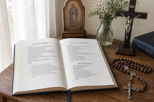 Open Catholic prayer book with rosary beads and a crucifix on a wooden table.