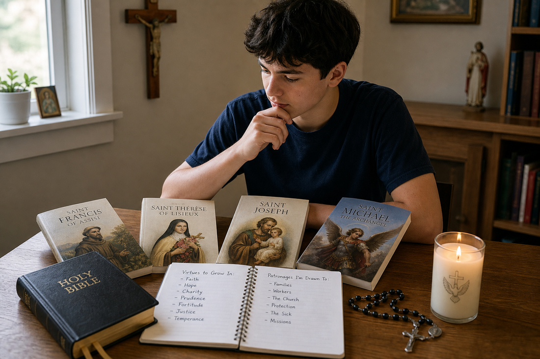 A teenager reviewing saint biographies with a Bible, rosary, and notebook on a table while preparing to choose a Confirmation saint