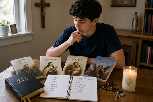 A teenager reviewing saint biographies with a Bible, rosary, and notebook on a table while preparing to choose a Confirmation saint