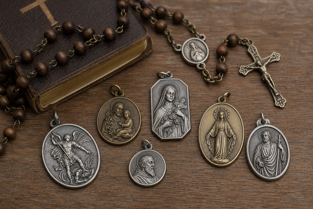Several Catholic saint medals on a wooden table beside a rosary and a small prayer book