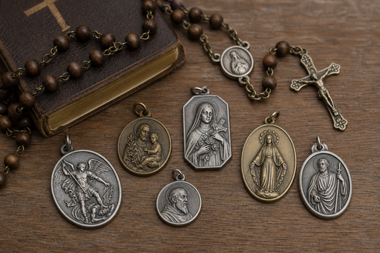 Several Catholic saint medals on a wooden table beside a rosary and a small prayer book