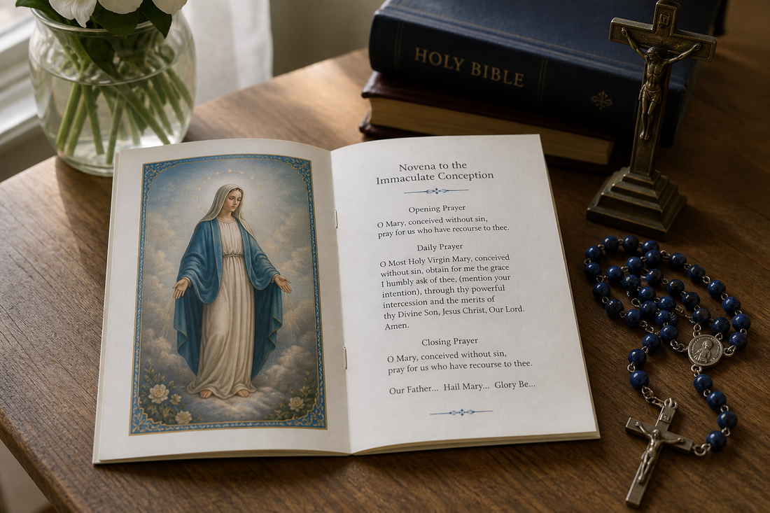 Open novena prayer text on a table with a rosary and crucifix nearby.