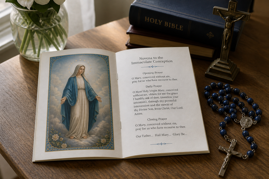Open novena prayer text on a table with a rosary and crucifix nearby.