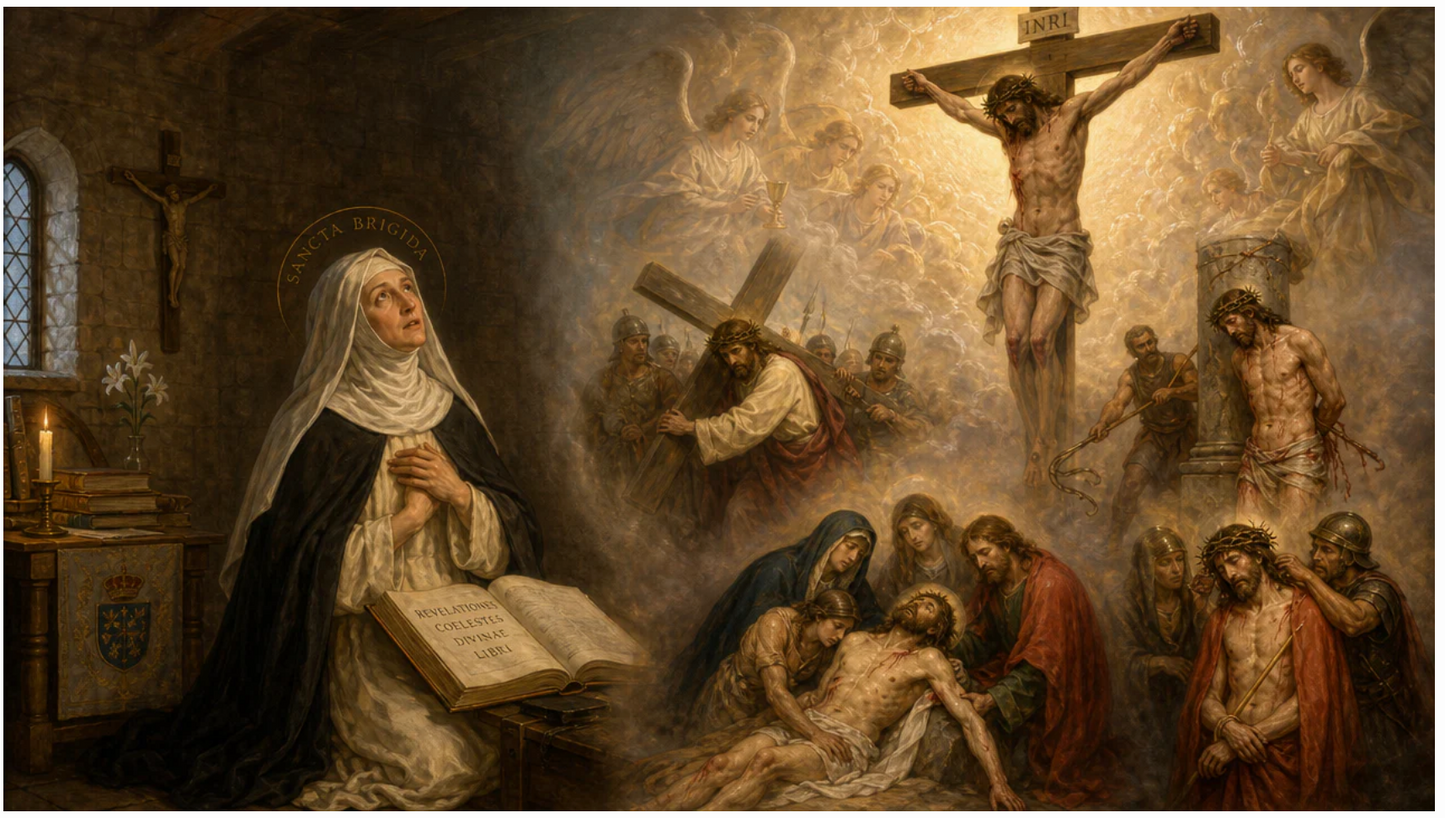 Screenshot of the 15 Prayers of Saint Bridget of Sweden from Journeys of Faith, featuring religious prayer texts and spiritual imagery.