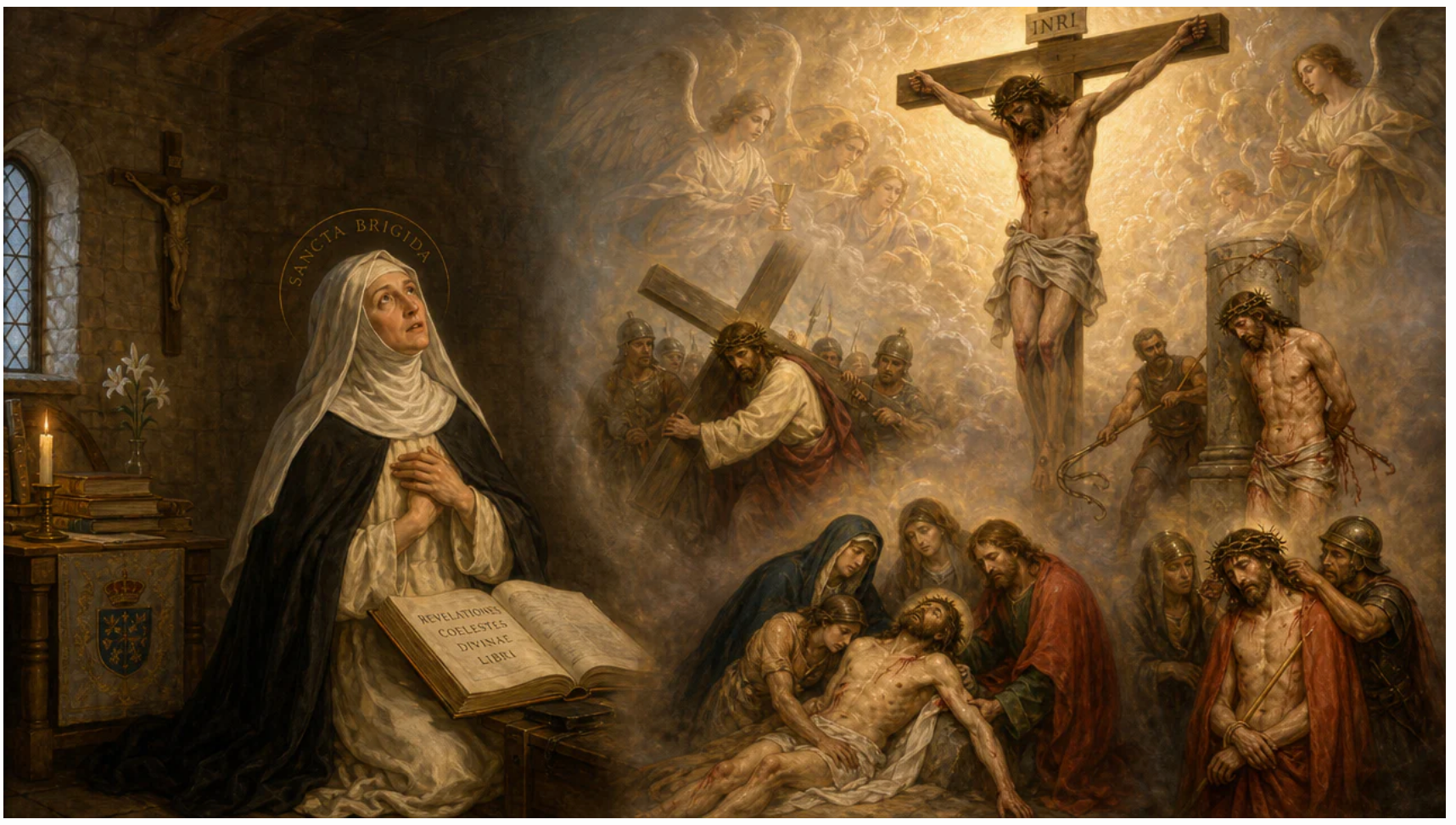 Screenshot of the 15 Prayers of Saint Bridget of Sweden from Journeys of Faith, featuring religious prayer texts and spiritual imagery.