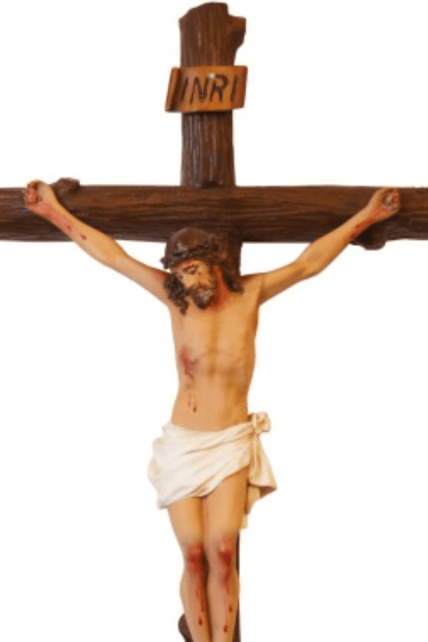 Handmade 24-inch crucifix by Bob and Penny Lord, featuring detailed craftsmanship, made in Colombia.