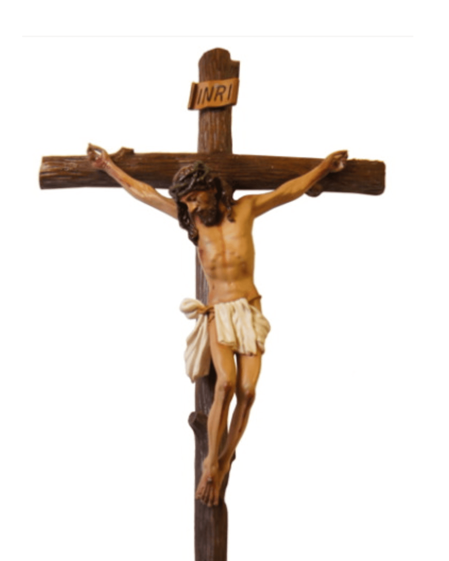 Handmade 24-inch crucifix made in Colombia, featuring detailed craftsmanship and religious design by Bob and Penny Lord.