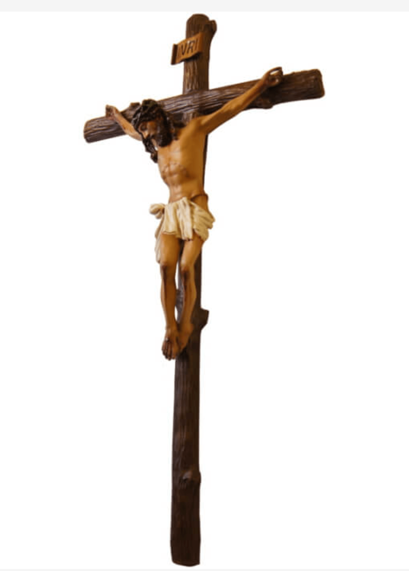 Handmade 24-inch crucifix by Bob and Penny Lord, crafted in Colombia, featuring detailed religious imagery on a wooden cross.