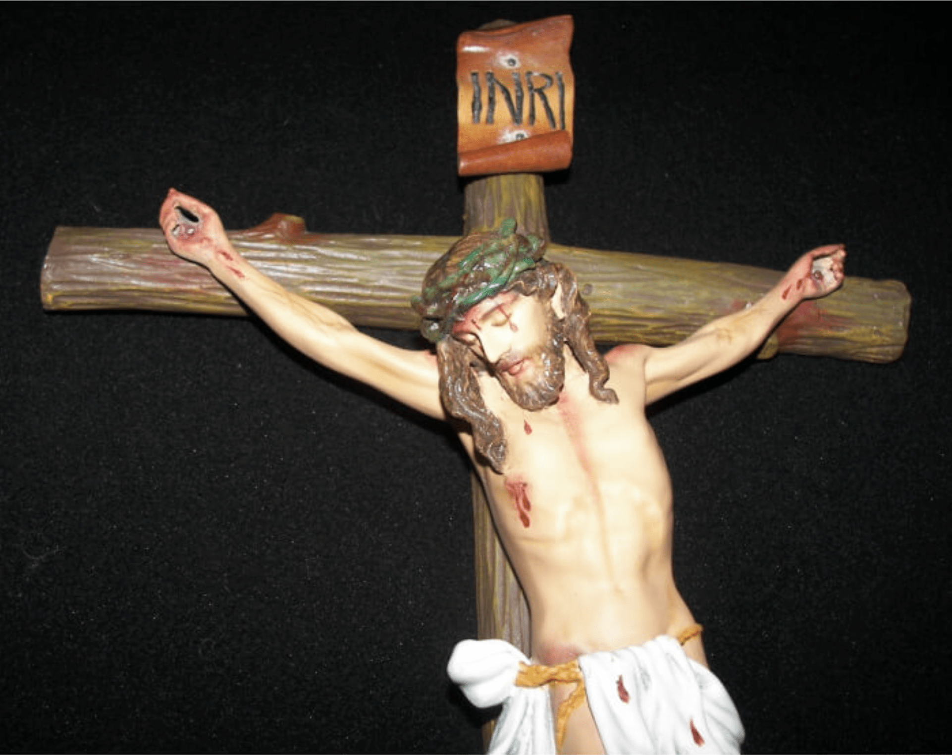 Handmade 24-inch crucifix by Bob and Penny Lord, crafted in Colombia, featuring detailed religious craftsmanship.