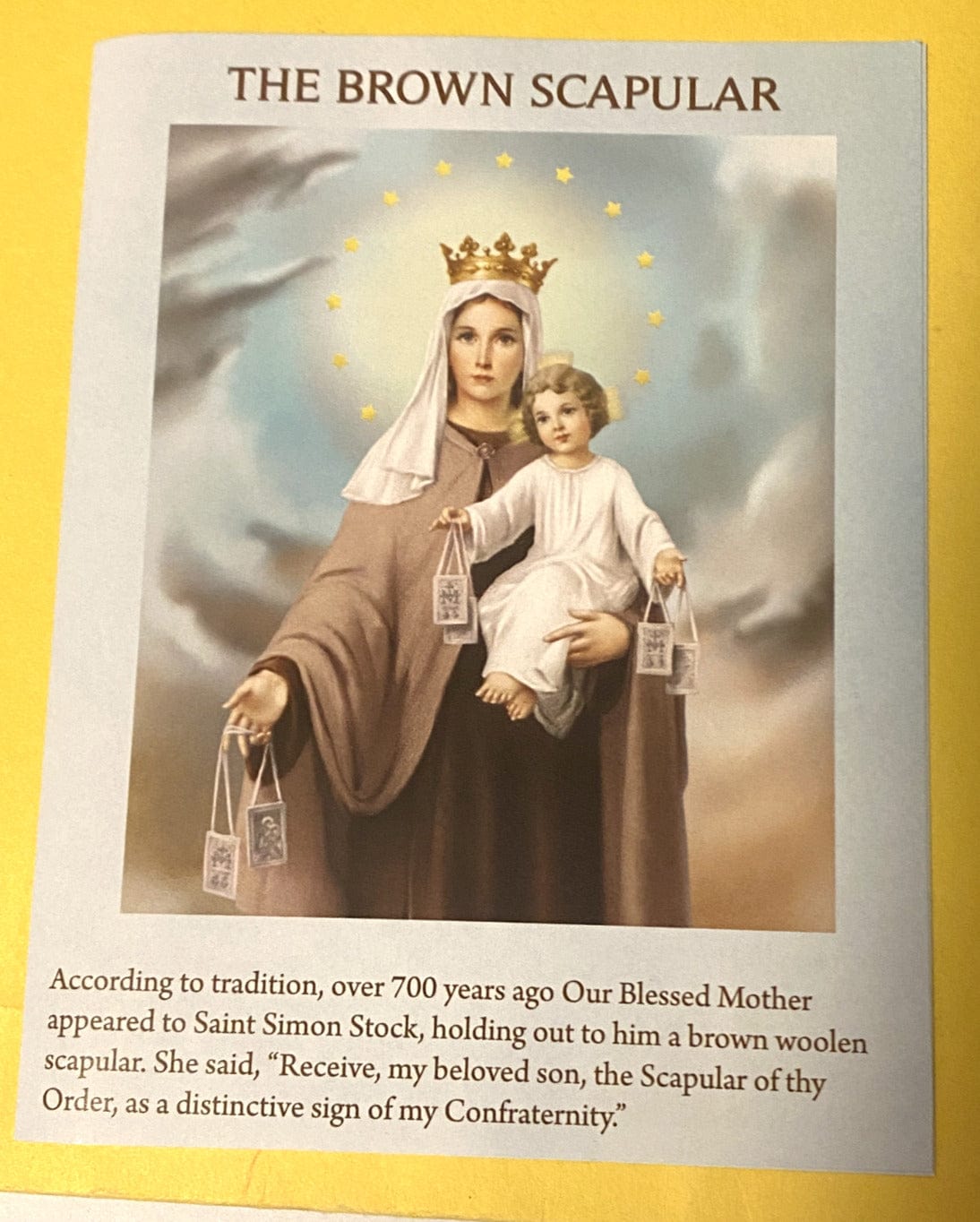 Brown scapular meaning folder with consecration to Mary, Christian religious collectible by Bob and Penny Lord.
