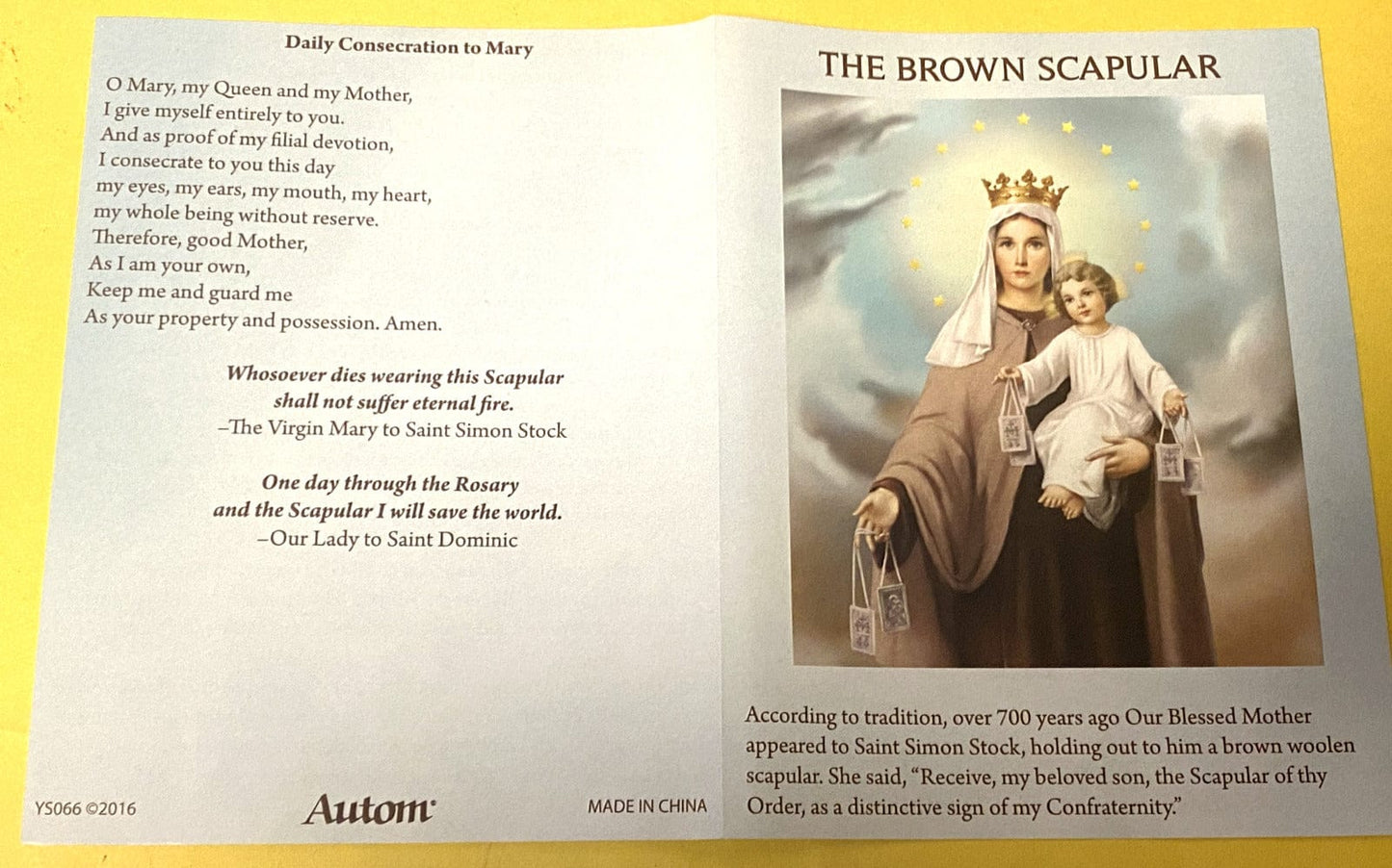 Brown Scapular Meaning Folder with Consecration to Mary, Christian religious collectible by Bob and Penny Lord.