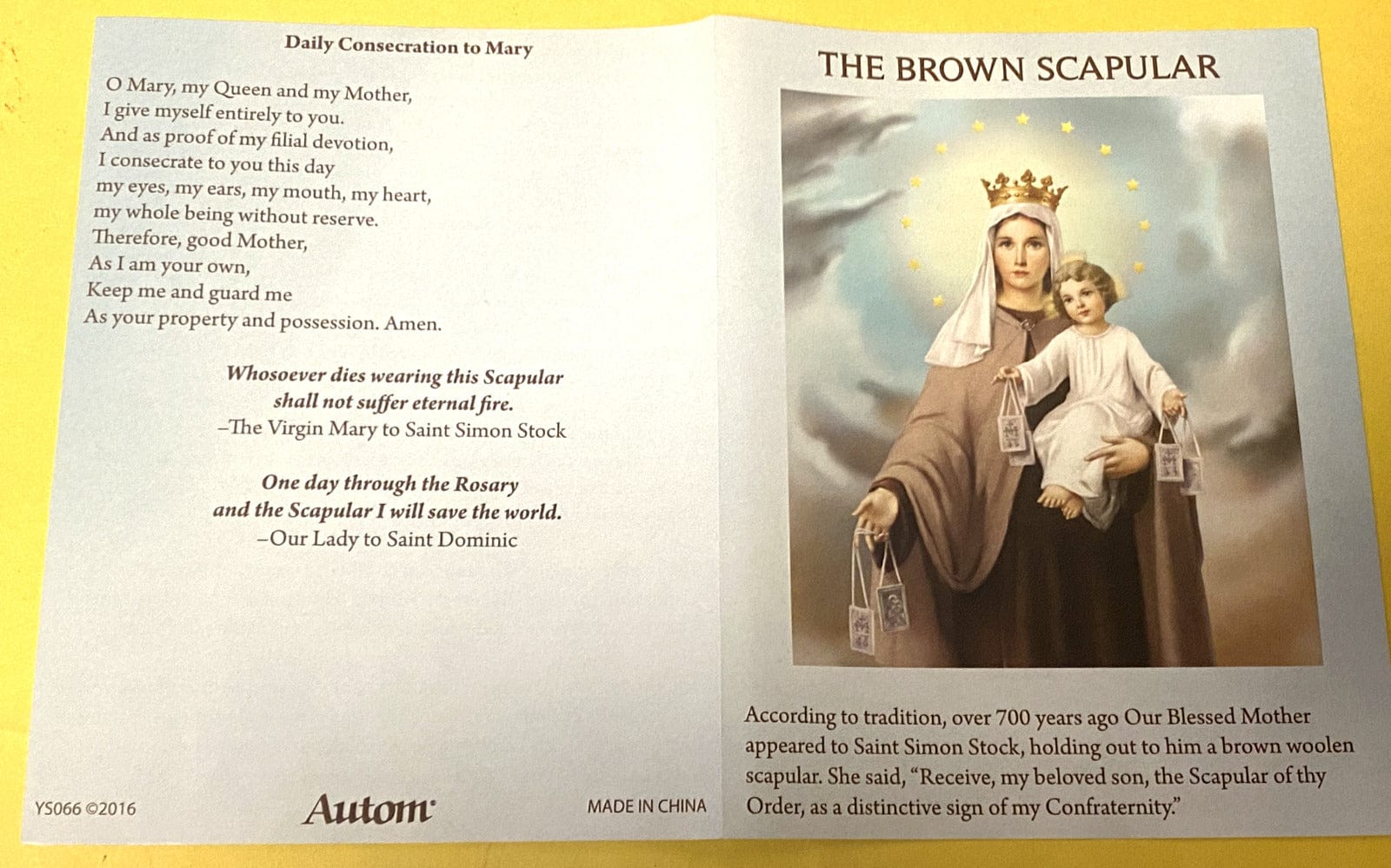 Brown Scapular Meaning Folder with Consecration to Mary, Christian religious collectible by Bob and Penny Lord.