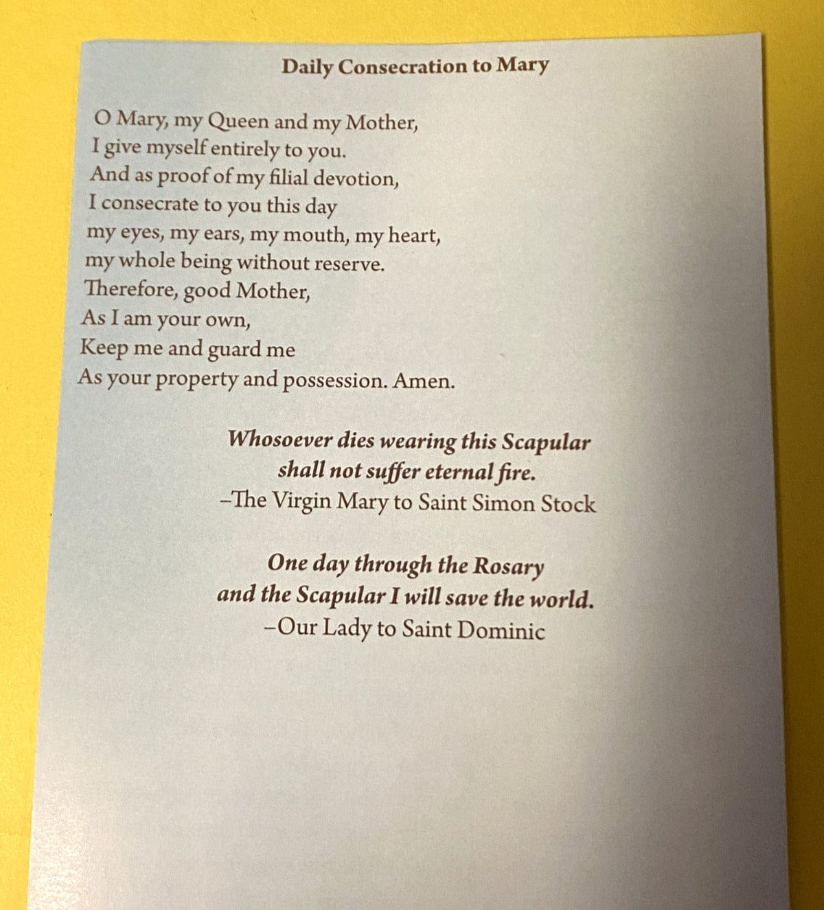 Brown scapular meaning folder and consecration to Mary collectible by Bob and Penny Lord, featuring religious Christian symbolism.