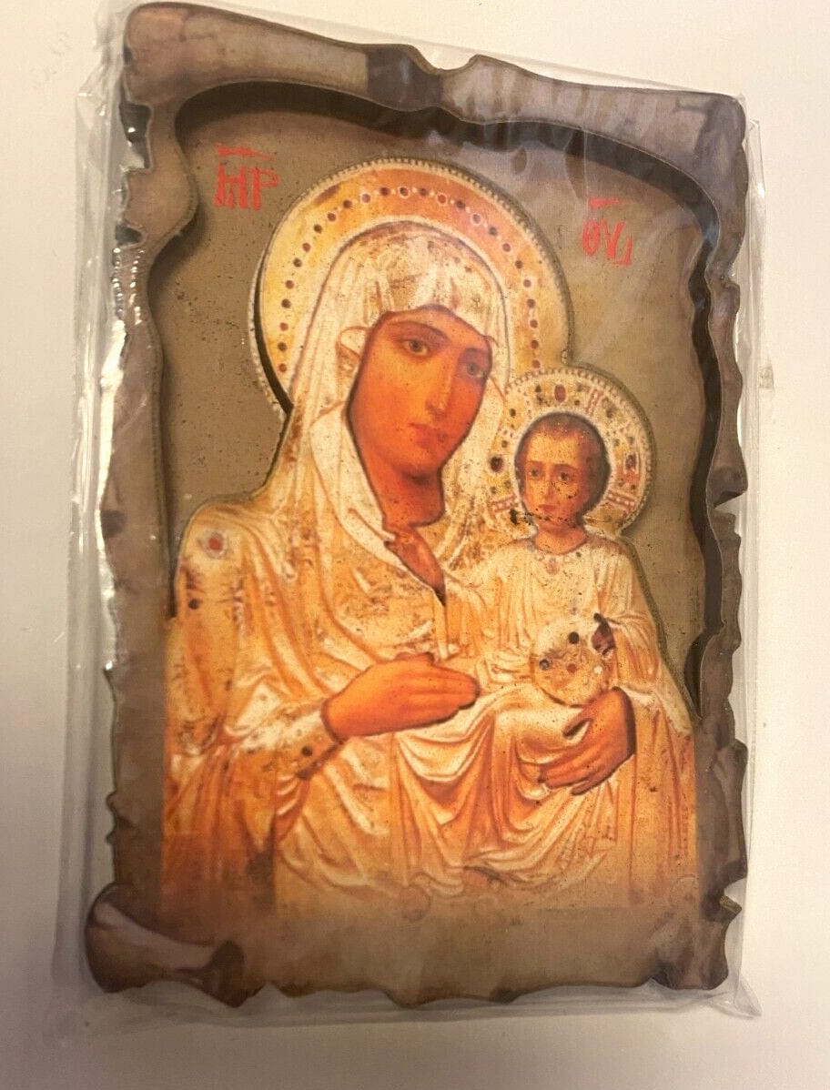 Small Virgin Mary and Child magnet from Jerusalem, Christian icon collectible by Bob and Penny Lord, featuring religious imagery.