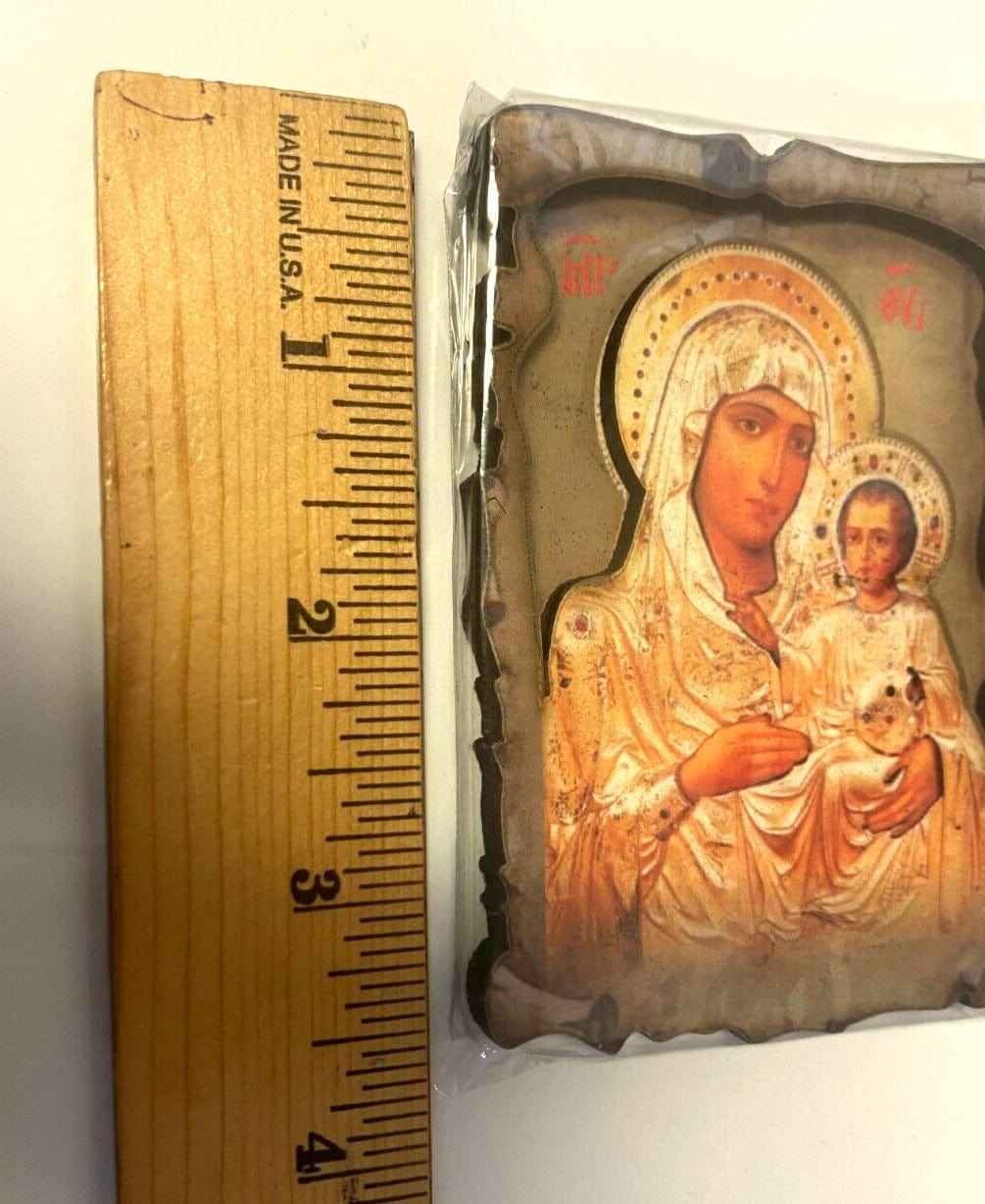 Small Virgin Mary and Child icon magnet from Jerusalem, Christian religious collectibles by Bob and Penny Lord.