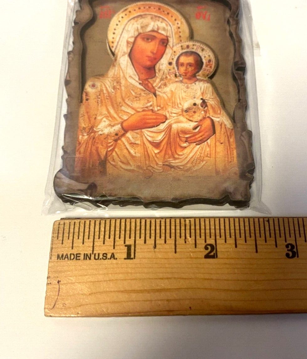 Small Virgin Mary and Child icon magnet from Jerusalem, 3.50 inches, Christian religious collectible by Bob and Penny Lord.