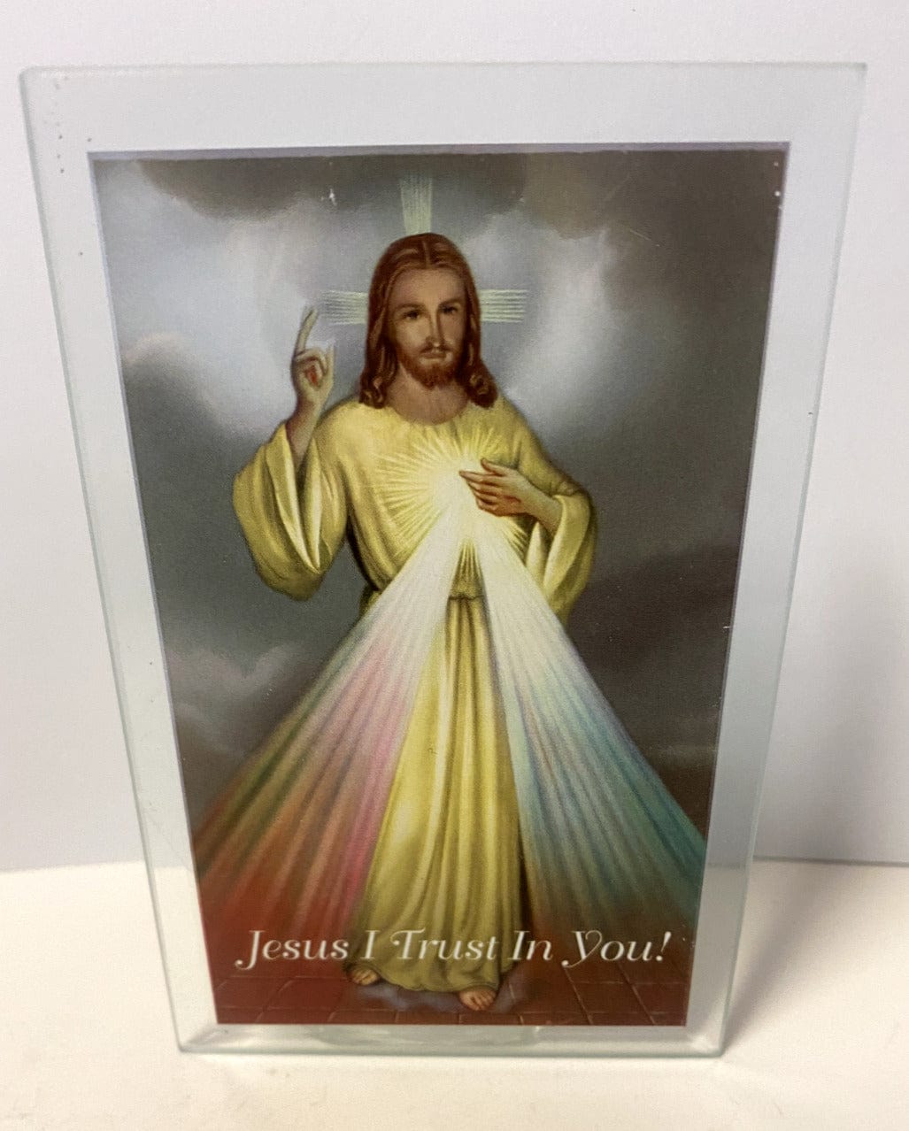 Divine Mercy glass votive holder, 4.75 inches, Christian religious collectible by Bob and Penny Lord, clear glass with religious design