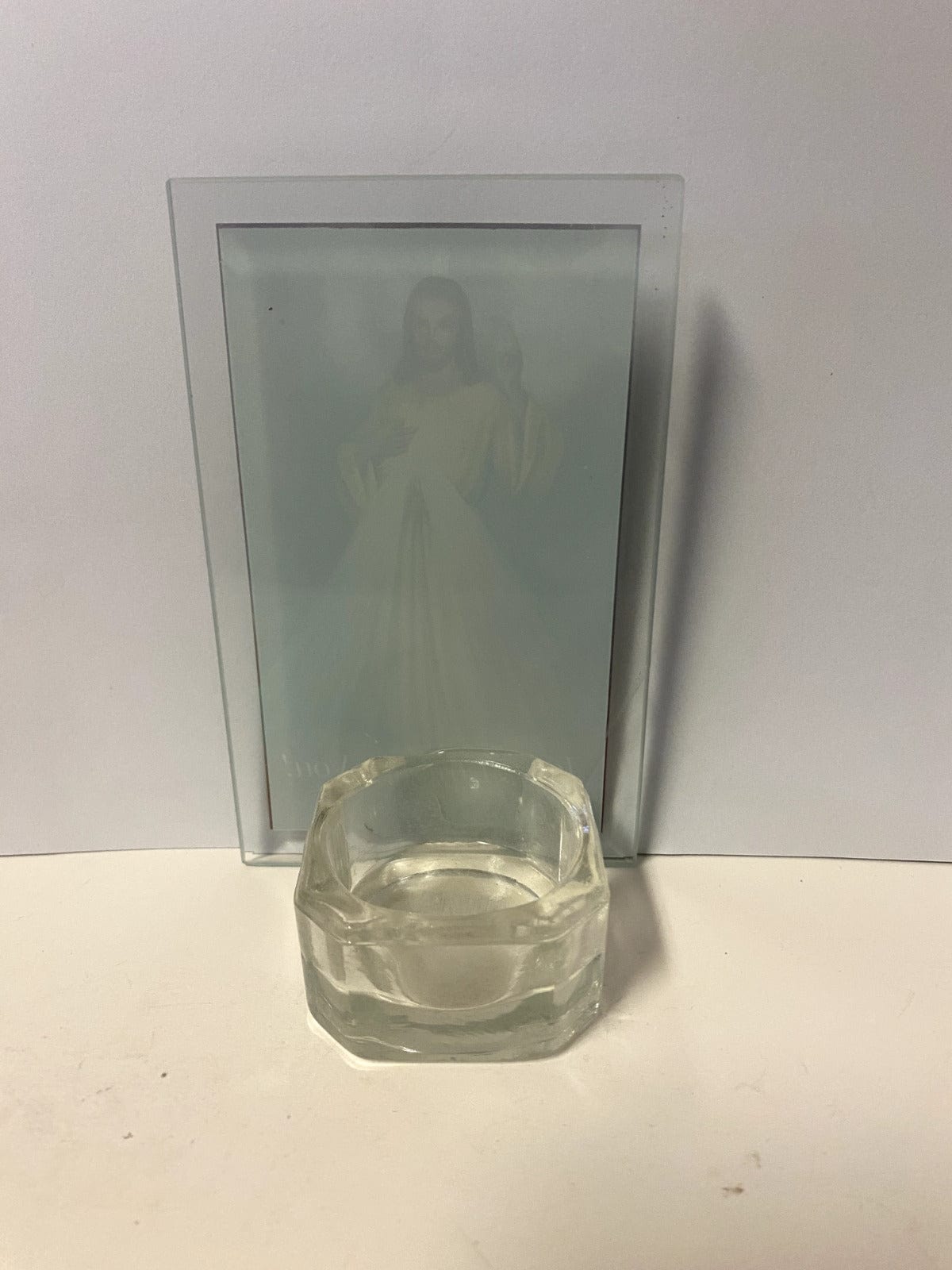 Divine Mercy glass votive holder, 4.75 inches, Christian religious collectible by Bob and Penny Lord, with clear glass design.
