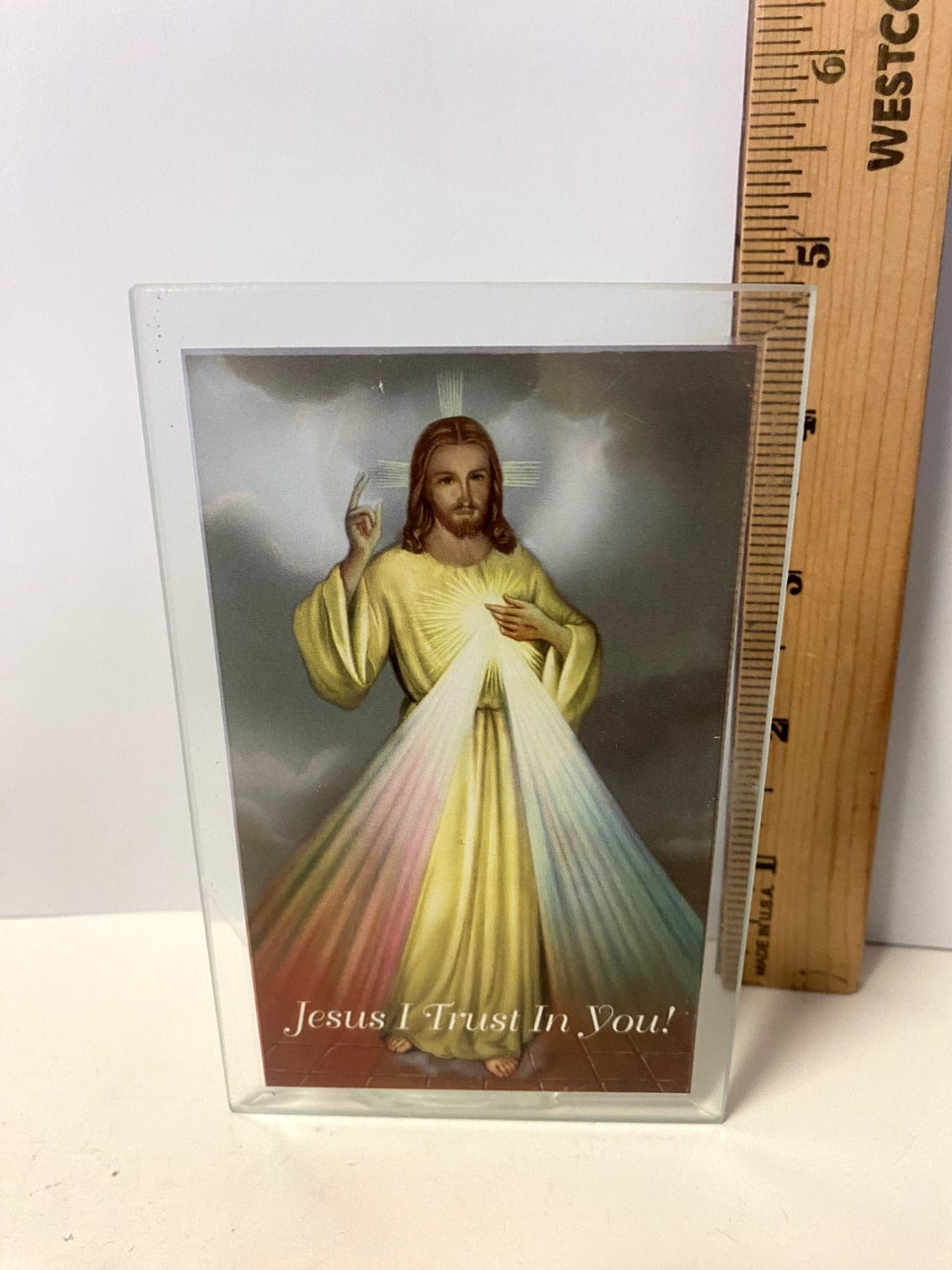 Divine Mercy glass votive holder, 4.75 inches, Christian religious collectible by Bob and Penny Lord, with a clear glass design.