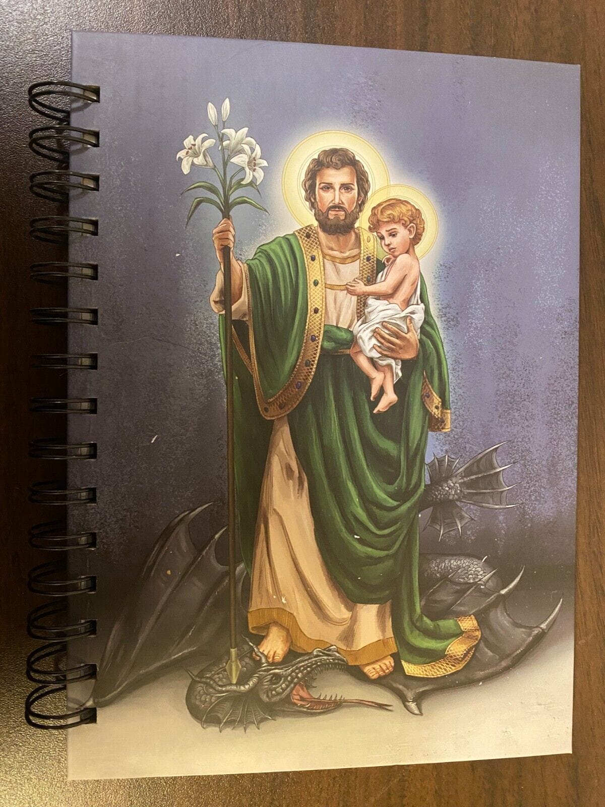 Saint Joseph with Child hardcover journal featuring religious statue design by Bob and Penny Lord, ideal for spirituality and prayer notes.