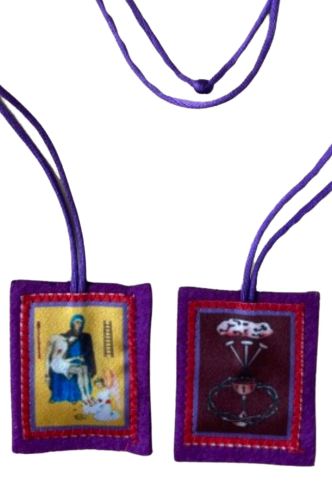 Handmade purple scapular from Colombia by Bob and Penny Lord, featuring intricate embroidery and traditional craftsmanship.