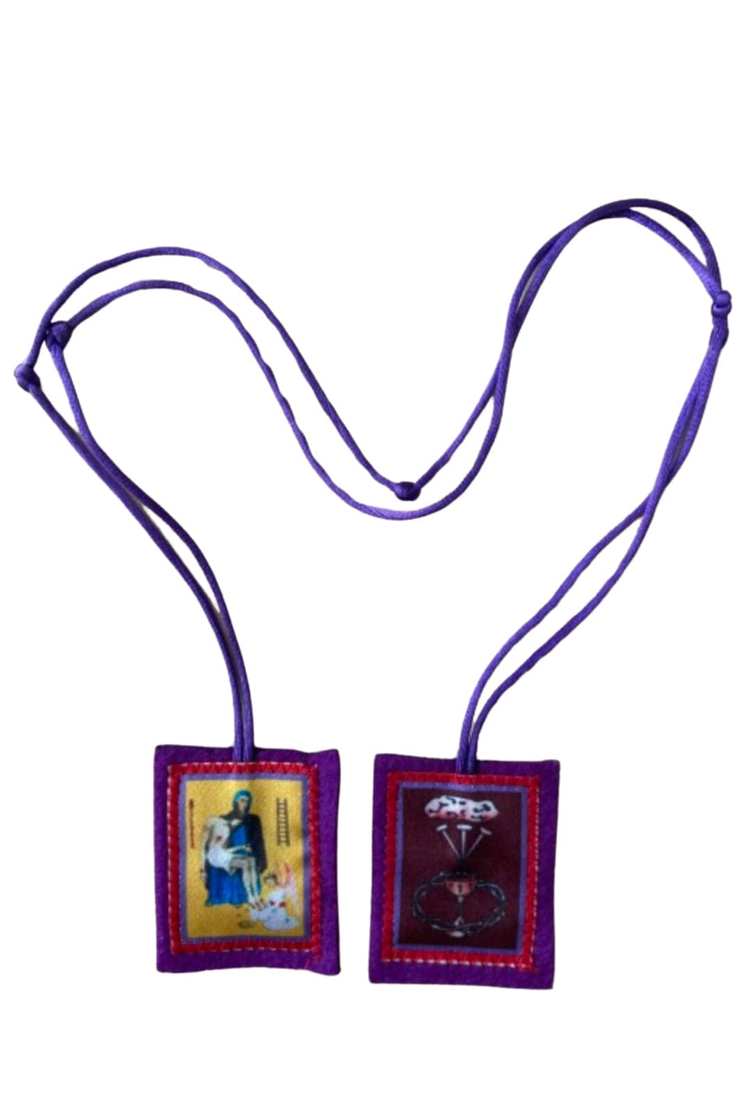 Handmade purple scapular from Colombia featuring intricate craftsmanship, crafted by Bob and Penny Lord.