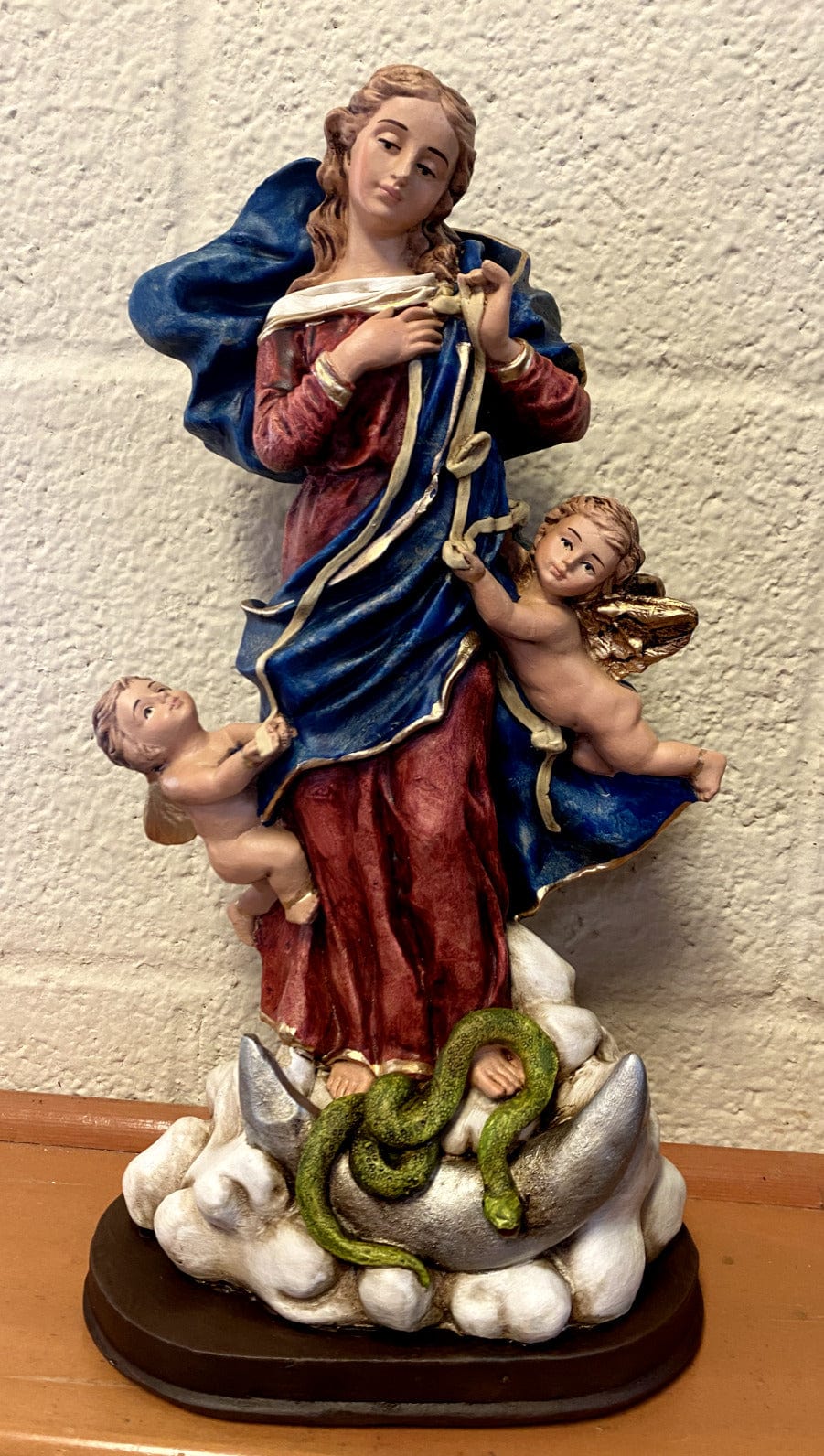 Hand-painted Our Lady Undoer of Knots 13-inch religious statue by Bob and Penny Lord, featuring detailed craftsmanship from Colombia.