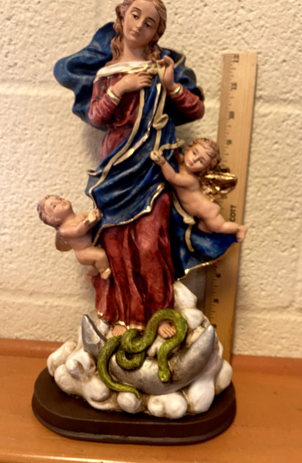 Hand-painted Our Lady Undoer of Knots 13-inch religious statue by Bob and Penny Lord, featuring detailed craftsmanship from Colombia.