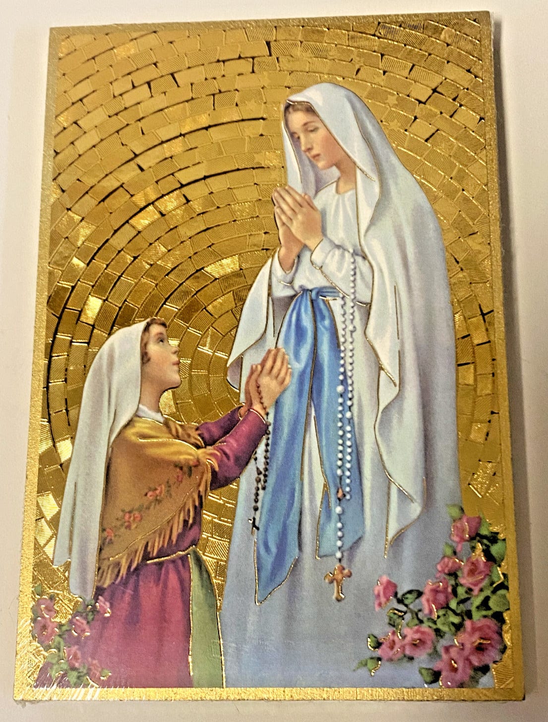 Wooden image of Our Lady of Lourdes and Saint Bernadette, religious Christian collectible by Bob and Penny Lord.