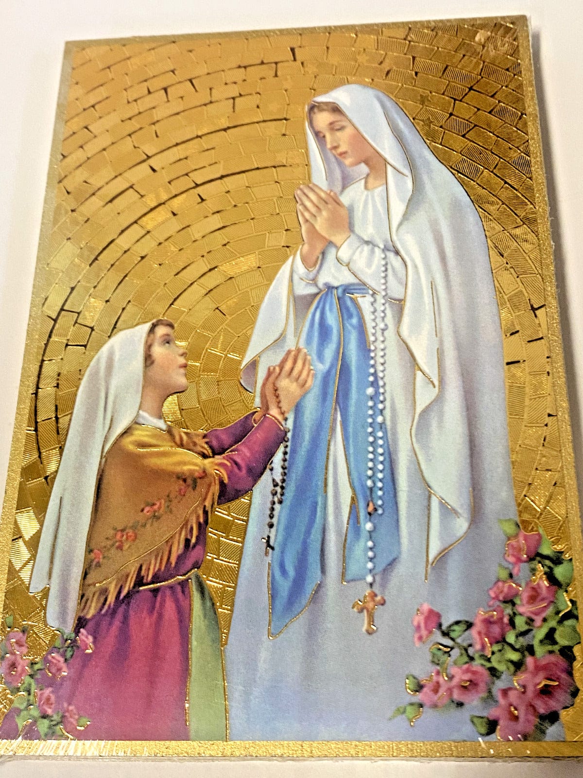Wooden image of Our Lady of Lourdes and Saint Bernadette, religious collectible print by Bob and Penny Lord from Japan.