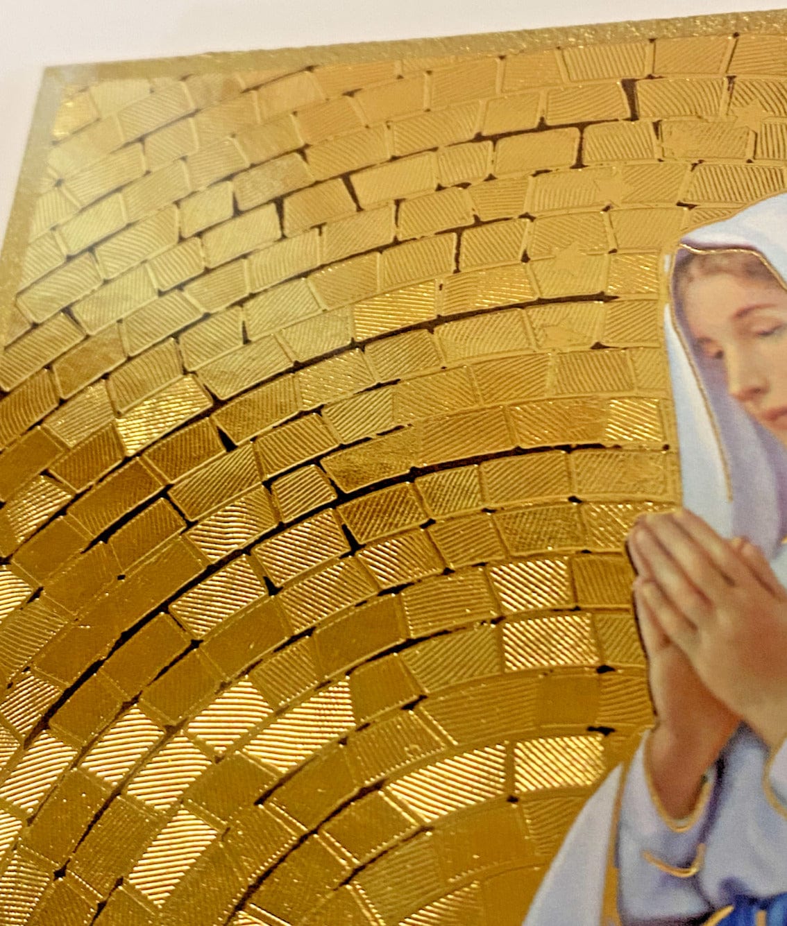 Wooden image of Our Lady of Lourdes and Saint Bernadette, religious Christian collectible print by Bob and Penny Lord from Japan.
